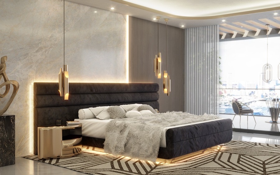 Luxury master suite with upholstered headboard wall, designer pendants and floor-to-ceiling windows